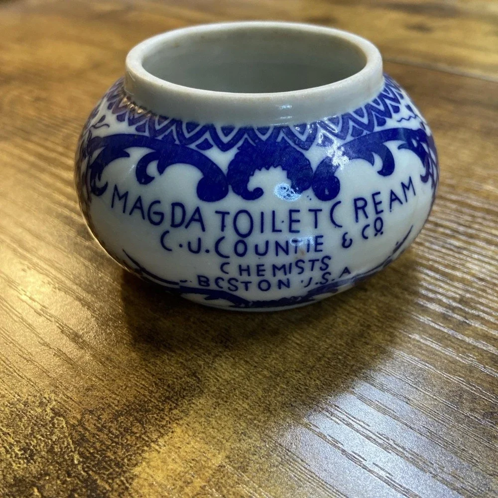 Antique Blue Porcelain Magda Toilet Cold Cream Jar Boston USA Dove-Missing Lid